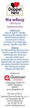 Biała etykieta suplementu diety Doppelherz Na włosy +Biotyna, z logo serc, fioletowym napisem, instrukcjami.