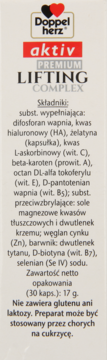 Doppelherz aktiv Premium Lifting Complex, front beżowego opakowania z listą składników. Nie zawiera glutenu.