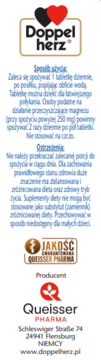 Biała etykieta suplementu Doppelherz na skurcze. Na górze logo z czarnym i czerwonym sercem, polski tekst.