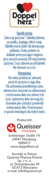 Tył opakowania suplementu diety Doppelherz z czarnym tekstem o dawkowaniu, ostrzeżeniach i danych kontaktowych.