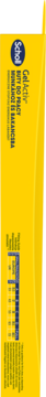 Długi bok żółtego pudełka wkładek Scholl GelActiv Work, z niebieskim logo i zakresem rozmiarów 35.5-40.5.