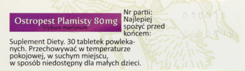 Opakowanie Ostropest Plamisty 80mg, suplement diety 30 tabletek, widok z przodu, fioletowy panel z białym tekstem.