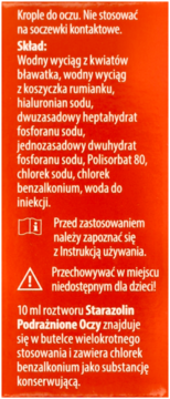 Tył opakowania Starazolin Podrażnione Oczy, pomarańczowe, z białym tekstem i ikonami składu i ostrzeżeń.