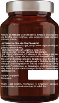 Tył brązowej butelki suplementu Chlorella PurellaFood, z białą etykietą zawierającą opis i instrukcje.