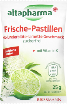 Białe opakowanie Altapharma Frische-Pastillen Holunderblüte-Limette, zuckerfrei, Vitamin C, widok z przodu.