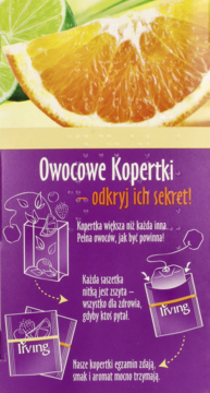 Irving herbata Owocowe Kopertki, pomarańcza z limetką, 20 torebek w fioletowym pudełku, widok z przodu.