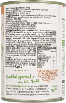 Tył białej puszki enerBiO Ciecierzycy gotowanej 400g, z polsko-niemiecką etykietą i wartościami odżywczymi.