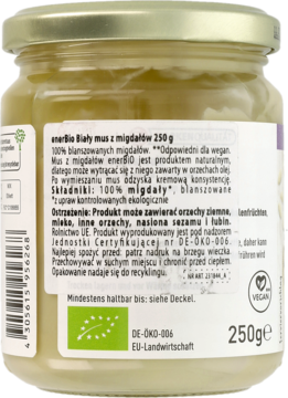 Widok z tyłu na słoik z wegańskim musem migdałowym enerBiO, 250g, 100% migdałów blanszowanych.
