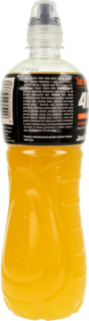 4move pomarańczowy napój izotoniczny 700ml, przezroczysta butelka z czarną etykietą, ujęcie z boku.