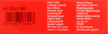 Tył czerwonego opakowania pomadki z kodem kreskowym i numerem referencyjnym, opis w wielu językach.