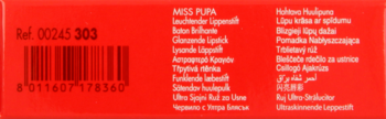 Tył czerwonego opakowania pomadki Miss Pupa, z kodem kreskowym, nr Ref. 00245 303 i opisami produktu.