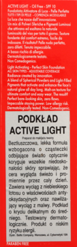 Czerwone opakowanie podkładu Active Light Oil-Free SPF 10. Tył z białym opisem: lekka formuła, średnie krycie.