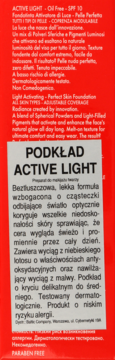 Podkład Active Light SPF 10, beztłuszczowy. Biała etykieta z opisem na czerwonym opakowaniu produktu.