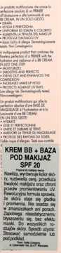Etykieta kremu BB + baza pod makijaż SPF 20. Białe opakowanie z polskim opisem właściwości produktu.
