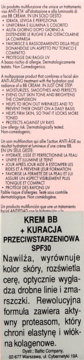 Krem BB + Kuracja przeciwstarzeniowa SPF30: bliska, pionowa etykieta z polskim tekstem o właściwościach.