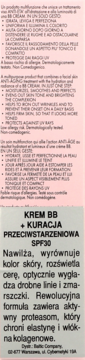 Fragment opakowania z polskim tekstem o Kremie BB i kuracji przeciwstarzeniowej SPF30, opisujący skład i działanie.