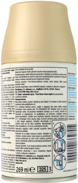 Tył złotobeżowego wkładu Glade Pure Clean Linen do automatycznego odświeżacza powietrza, z polskimi instrukcjami.