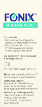 FONIX Higiena Uszu, płyn do uszu, białe opakowanie z niebiesko-turkusowym logo i tekstem informacyjnym.