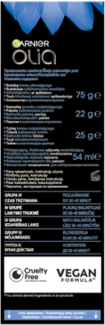 Tył opakowania farby Garnier Olia do włosów, czarne tło z niebieskimi kwiatami, wagi produktów, czas aplikacji, loga Cruelty Free i Vegan.