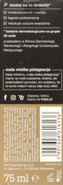 Tył opakowania tołpa, kosmetyk do pielęgnacji zarostu, z polskim opisem działania i kodem kreskowym, 75 ml.