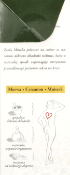 Ulotka Zioła Mnicha na cukier. Opis produktu z morwą, cynamonem, mniszkiem. Ilustracje: składniki, wsparcie, receptura.