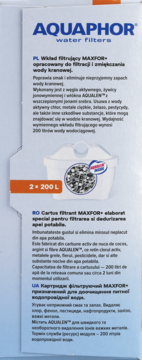 Tył opakowania filtra AQUAPHOR Maxfor, białe pudełko z informacjami o filtracji i pojemności 2x200L.