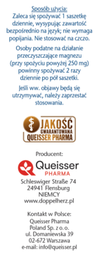 Tył opakowania suplementu Doppelherz Aktiv z polskimi instrukcjami użycia i danymi kontaktowymi.