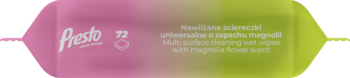Presto Magnolia uniwersalne ściereczki nawilżane, 72 szt., różowo-zielone opakowanie, widok z przodu.