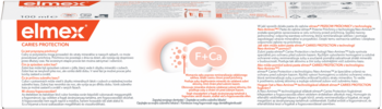 Biała karta produktu pasty elmex Caries Protection z czerwonym logo i grafikami technologii Neo-Aminex F+Ca.