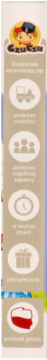 GzuGzu: Pionowy banner na beżowym tle z logo postaci i ikonami gier logicznych dla dzieci.