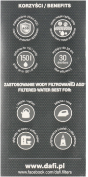 Infografika: filtr do twardej wody Dafi. Korzyści (150L, 30 dni) i zastosowania AGD.
