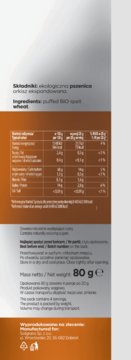 Biało-pomarańczowy tył opakowania Soligrano BIO orkisz ekspandowany, z listą składników i tabelą odżywczą.