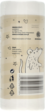 Tył opakowania naturalnych ręczniczków bawełnianych ecowipes dla dzieci, z informacjami producenta i myszką.