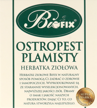 Biofix Ostropest Plamisty Herbatka Ziołowa, białe pudełko z zieloną etykietą i pieczęcią Super Marka, widok z przodu.