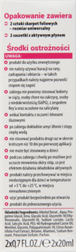 Tył opakowania skarpetek złuszczających do stóp, z ostrzeżeniami, składem i danymi o pojemności, polskie napisy.