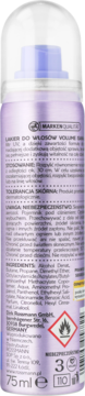 Tył lakieru do włosów Isana Volume, fioletowa butelka 75ml z listą składników i ostrzeżeniem.