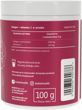 NobleHealth Kolagen + witamina C w proszku, 100g, suplement diety, tylna etykieta ze składnikami.