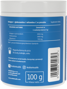 Tył białego opakowania suplementu NobleHealth Kolagen + glukozamina + witamina C w proszku, z niebieską etykietą i składem.