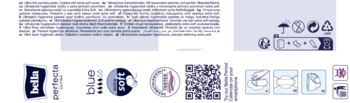 Detale opakowania ultracienkich podpasek Bella Perfecta: logo, ikony, kod QR i instrukcje, na białym tle.