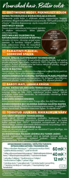 Front opakowania odżywczej farby Garnier Nutrisse w kolorze brązowym, z grafiką przed/po i kluczowymi cechami.