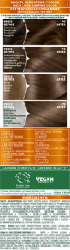 Garnier odżywczy krem koloryzujący, ulotka z efektami przed/po, 100% krycia siwych włosów, brązowy odcień.
