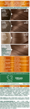 Garnier krem koloryzujący do włosów. Prezentacja efektów koloryzacji przed i po, z detalami produktu i składnikami.