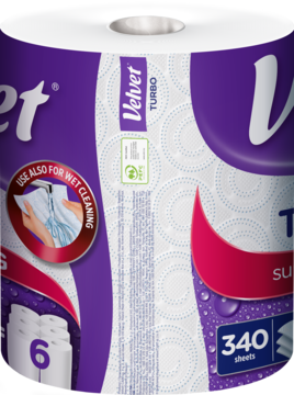 Ręcznik papierowy Velvet Turbo, fioletowa rolka, 340 listków, grafika mokrego czyszczenia, widok z przodu.