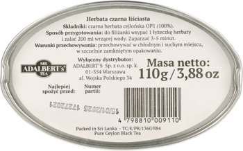 Wieczko puszki czarnej herbaty liściastej Adalbert's 110g, widok z góry z opisem składu i kodem kreskowym.