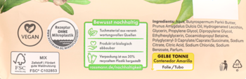 Tył chusteczek nawilżanych Alouette z masłem Shea: certyfikaty Vegan, FSC, opis zrównoważonego rozwoju, skład.