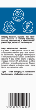 Tył opakowania Tran z Rekina Malinowy, niebieska góra z ikonami: bez ryby, bez cukru, bez glutenu.