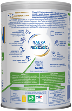 Tył puszki NAN EXPERTPRO Total Comfort, mleko dla niemowląt na kolki, z włóknem i bez oleju palmowego.