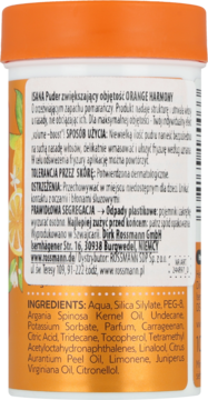 Tył opakowania pudru zwiększającego objętość ISANA Orange Harmony. Pomarańczowo-biały pojemnik ze składnikami.