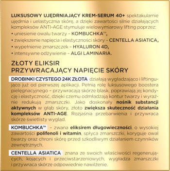 Złoty panel reklamowy z opisem luksusowego kremu-serum 40+ z 24K złotem i kompleksami ANTI-AGE.