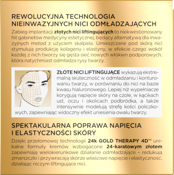 Złoty panel informacyjny kremu-serum 50+, z opisem „Złote Nici Liftingujące” i „24K Gold Therapy 4D”.